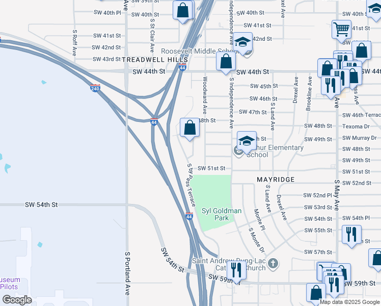 map of restaurants, bars, coffee shops, grocery stores, and more near 5025 South Buddy Lane in Oklahoma City