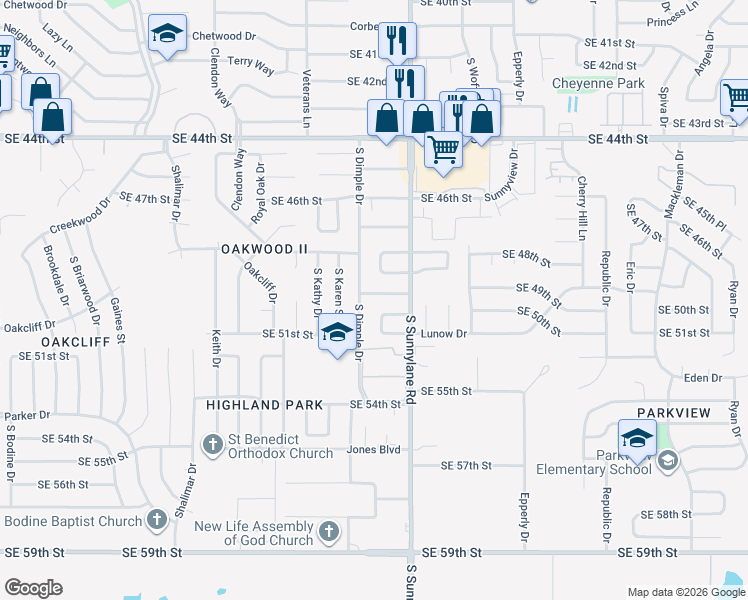 map of restaurants, bars, coffee shops, grocery stores, and more near 4200 Southeast 49th Street in Oklahoma City