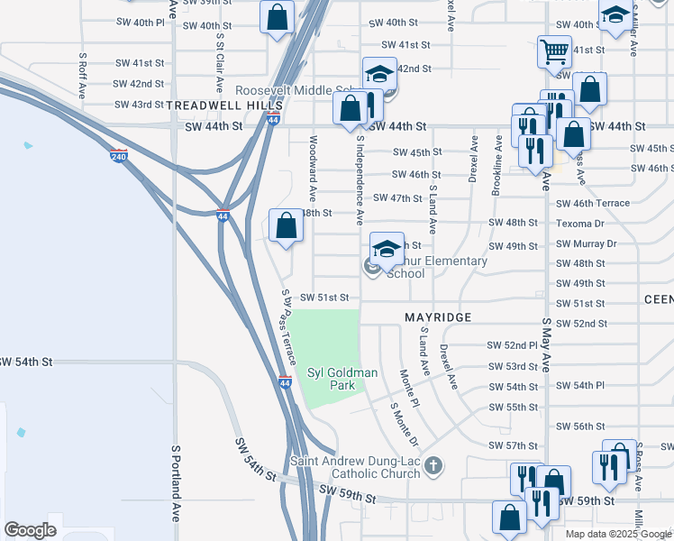 map of restaurants, bars, coffee shops, grocery stores, and more near 3309 Southwest 50th Street in Oklahoma City