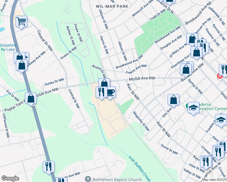 map of restaurants, bars, coffee shops, grocery stores, and more near 444 Railroad Drive Northwest in Concord