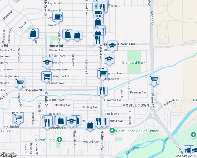 map of restaurants, bars, coffee shops, grocery stores, and more near 107 Washington Avenue in Bakersfield