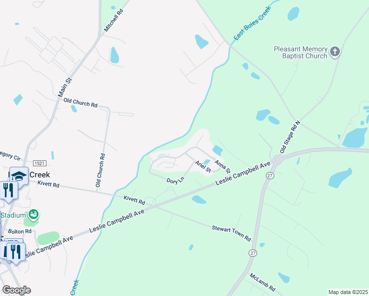 map of restaurants, bars, coffee shops, grocery stores, and more near 282 Anna Street in Lillington