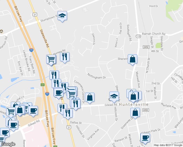 map of restaurants, bars, coffee shops, grocery stores, and more near 204 Nottingham Drive in Huntersville