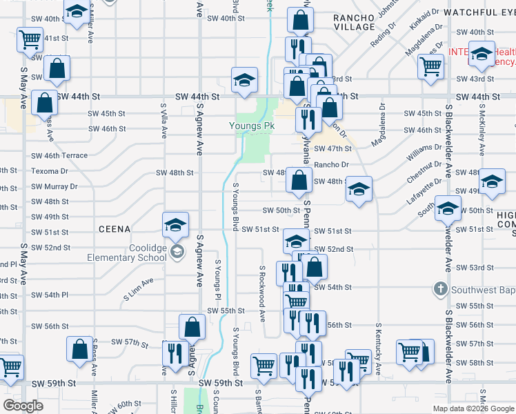 map of restaurants, bars, coffee shops, grocery stores, and more near 2217 Southwest 50th Street in Oklahoma City