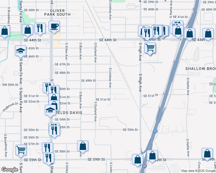 map of restaurants, bars, coffee shops, grocery stores, and more near 601 Southeast 50th Street in Oklahoma City