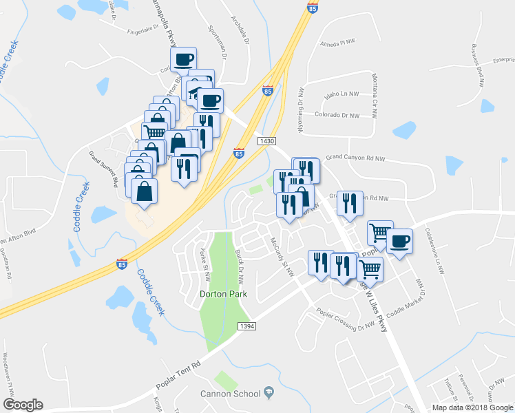 map of restaurants, bars, coffee shops, grocery stores, and more near Dumbarton Street in Concord