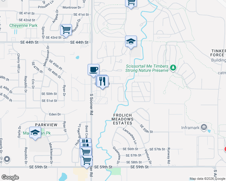 map of restaurants, bars, coffee shops, grocery stores, and more near 4915 Avion Court in Oklahoma City