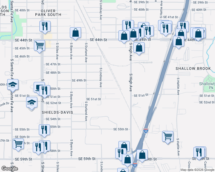 map of restaurants, bars, coffee shops, grocery stores, and more near 711 Southeast 50th Street in Oklahoma City