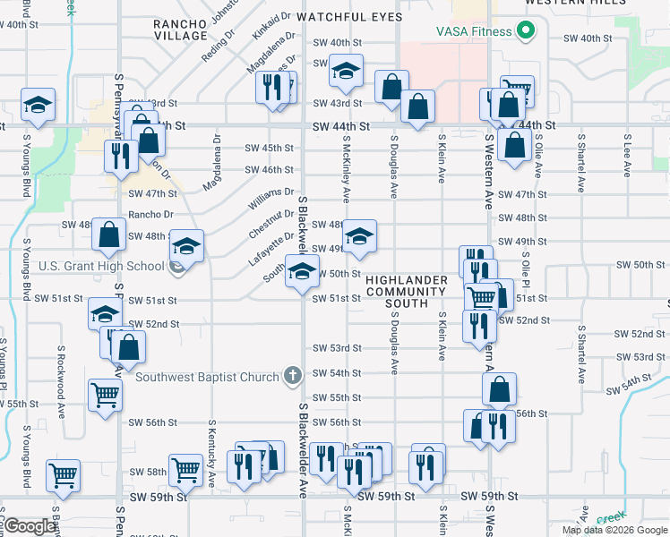 map of restaurants, bars, coffee shops, grocery stores, and more near 1211 Southwest 50th Street in Oklahoma City