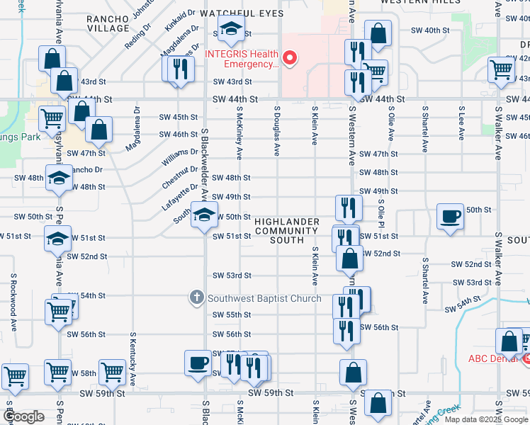 map of restaurants, bars, coffee shops, grocery stores, and more near 1113 Southwest 50th Street in Oklahoma City