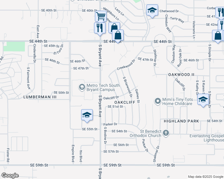 map of restaurants, bars, coffee shops, grocery stores, and more near 5005 Creekwood Terrace in Oklahoma City