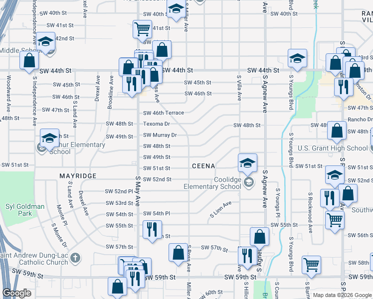 map of restaurants, bars, coffee shops, grocery stores, and more near 2700 Southwest 48th Street in Oklahoma City