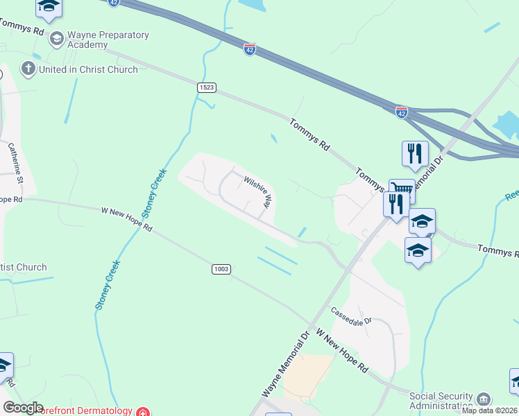 map of restaurants, bars, coffee shops, grocery stores, and more near 100 Wilshire Way in Goldsboro