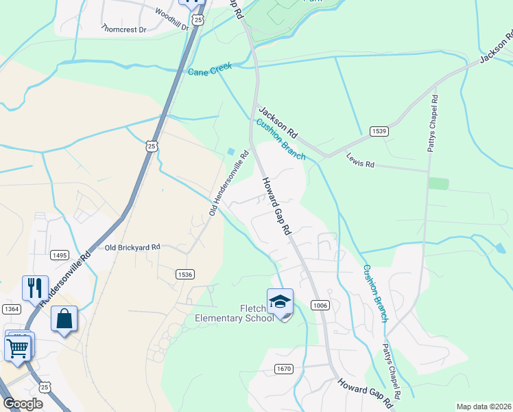 map of restaurants, bars, coffee shops, grocery stores, and more near 75 Cushion Place in Fletcher