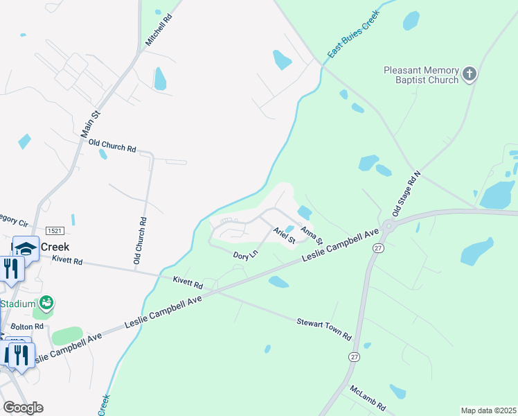 map of restaurants, bars, coffee shops, grocery stores, and more near 282 Anna Street in Lillington