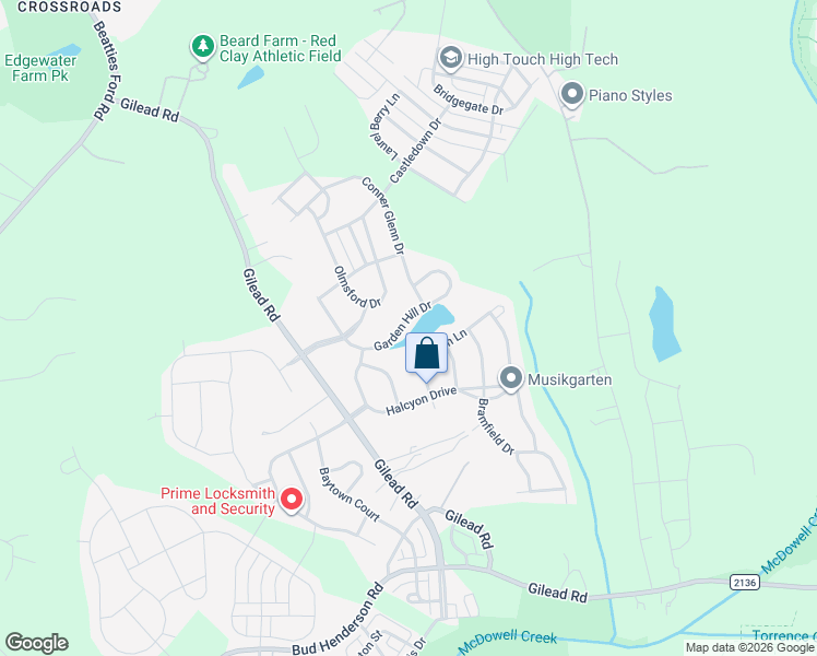 map of restaurants, bars, coffee shops, grocery stores, and more near 7006 Garden Hill Drive in Huntersville