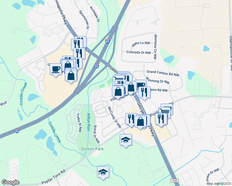 map of restaurants, bars, coffee shops, grocery stores, and more near 355 John Galt Way Northwest in Concord
