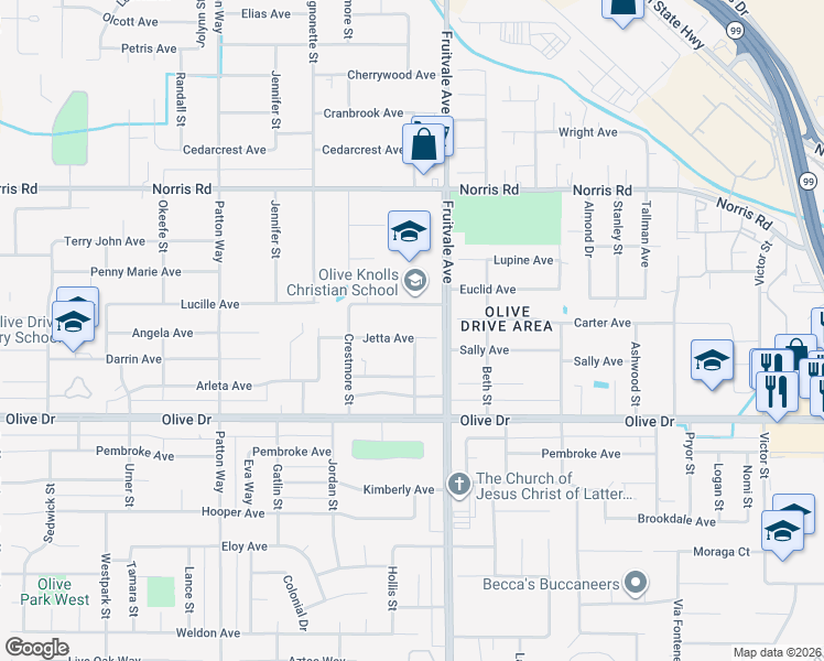 map of restaurants, bars, coffee shops, grocery stores, and more near 6600 Jetta Avenue in Bakersfield