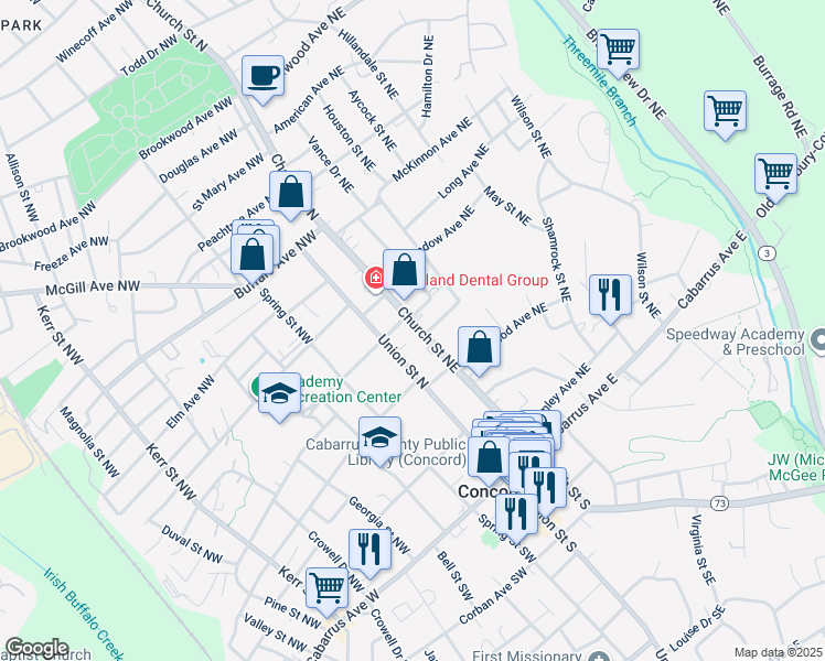 map of restaurants, bars, coffee shops, grocery stores, and more near 135 Church Street Northeast in Concord