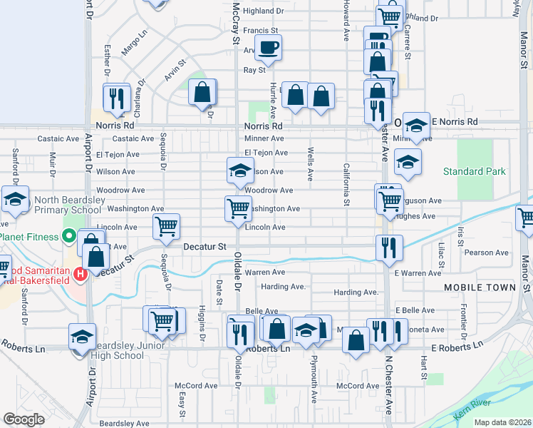 map of restaurants, bars, coffee shops, grocery stores, and more near 905 Hurrle Avenue in Bakersfield