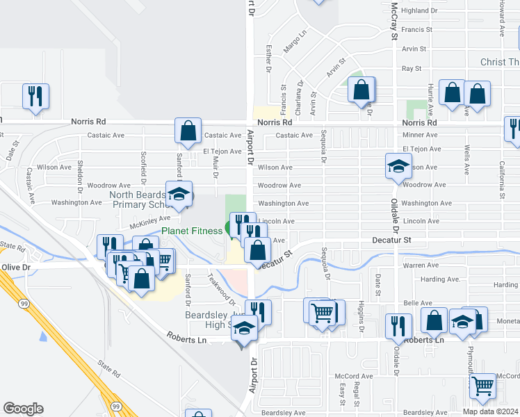 map of restaurants, bars, coffee shops, grocery stores, and more near 819 Washington Avenue in Bakersfield