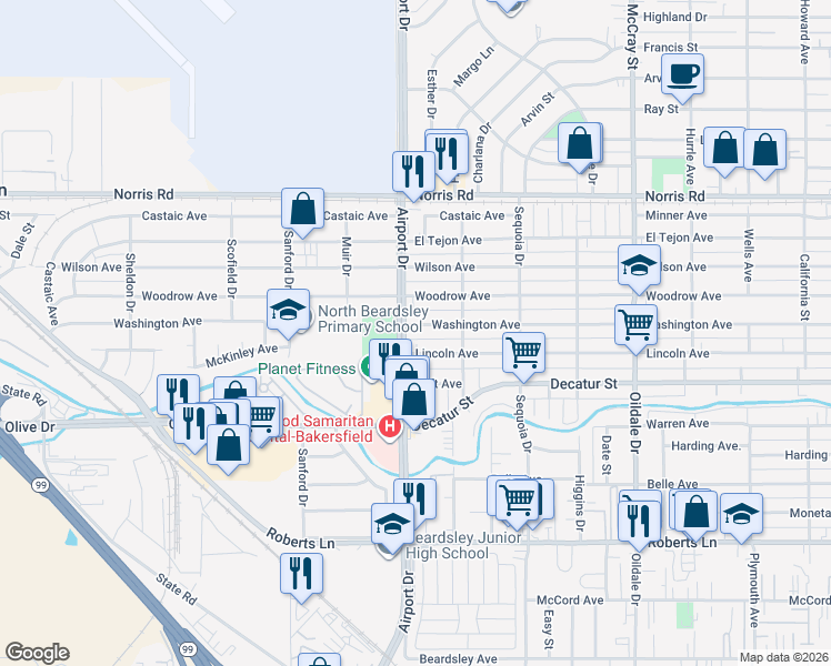 map of restaurants, bars, coffee shops, grocery stores, and more near 819 Washington Avenue in Bakersfield