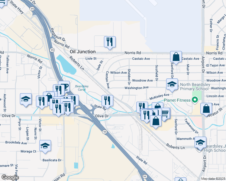 map of restaurants, bars, coffee shops, grocery stores, and more near 1650 Roberts Lane in Bakersfield