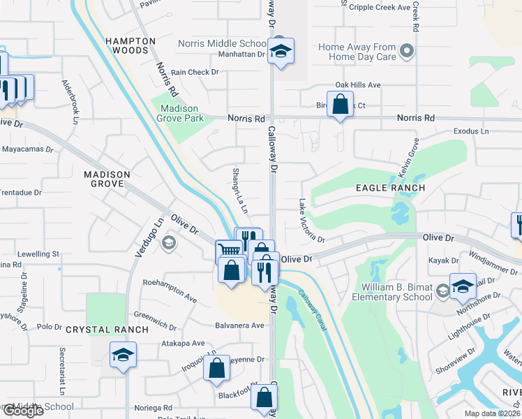 map of restaurants, bars, coffee shops, grocery stores, and more near 9704 San Ysidro Lane in Bakersfield
