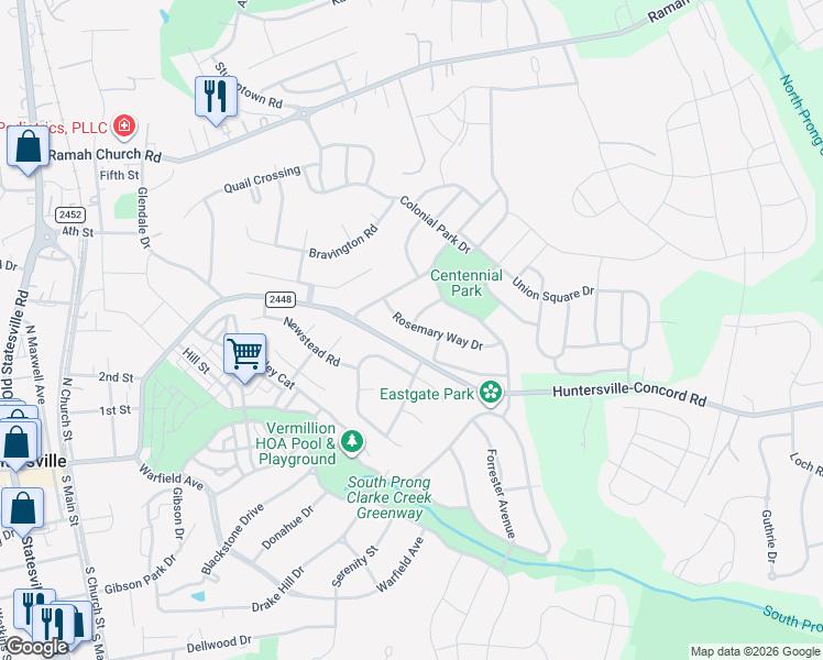 map of restaurants, bars, coffee shops, grocery stores, and more near 14832 Rosemary Way Drive in Huntersville