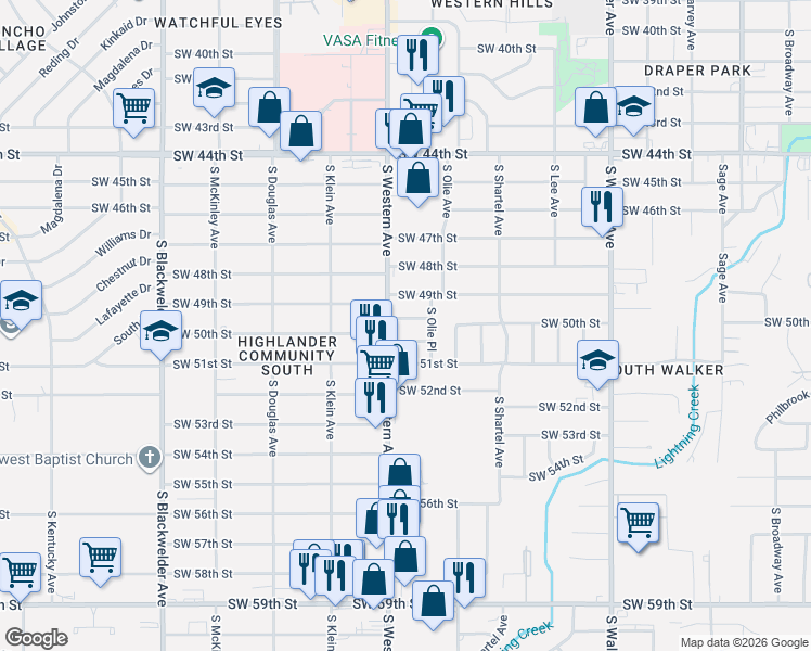 map of restaurants, bars, coffee shops, grocery stores, and more near 825 Southwest 50th Place in Oklahoma City