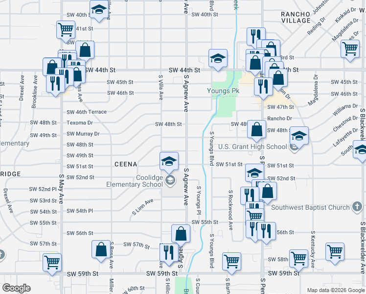 map of restaurants, bars, coffee shops, grocery stores, and more near 2417 Southwest 50th Street in Oklahoma City