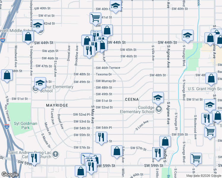 map of restaurants, bars, coffee shops, grocery stores, and more near 2736 Southwest 48th Street in Oklahoma City
