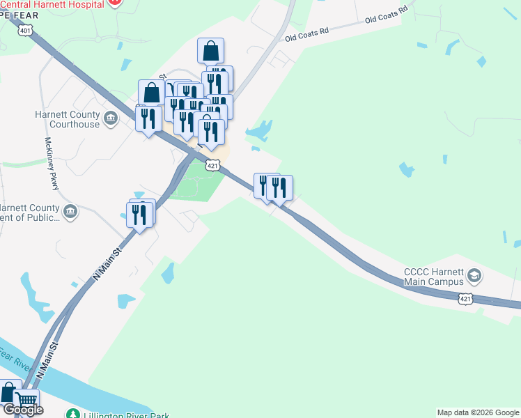 map of restaurants, bars, coffee shops, grocery stores, and more near 300 East Cornelius Harnett Boulevard in Lillington