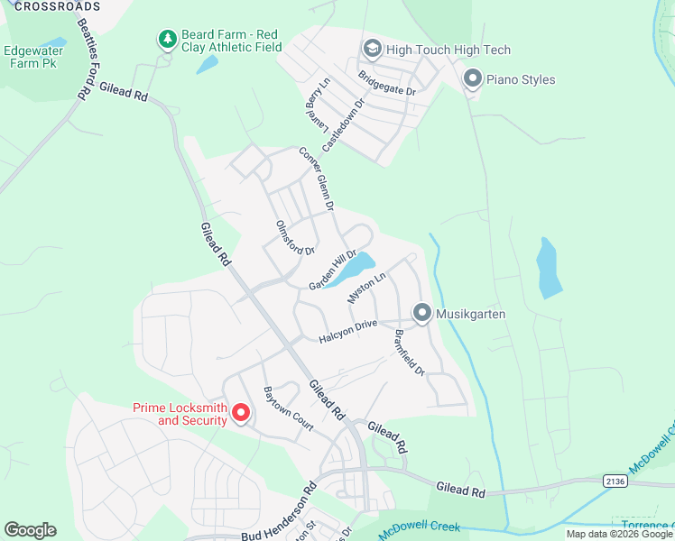map of restaurants, bars, coffee shops, grocery stores, and more near 7006 Garden Hill Drive in Huntersville