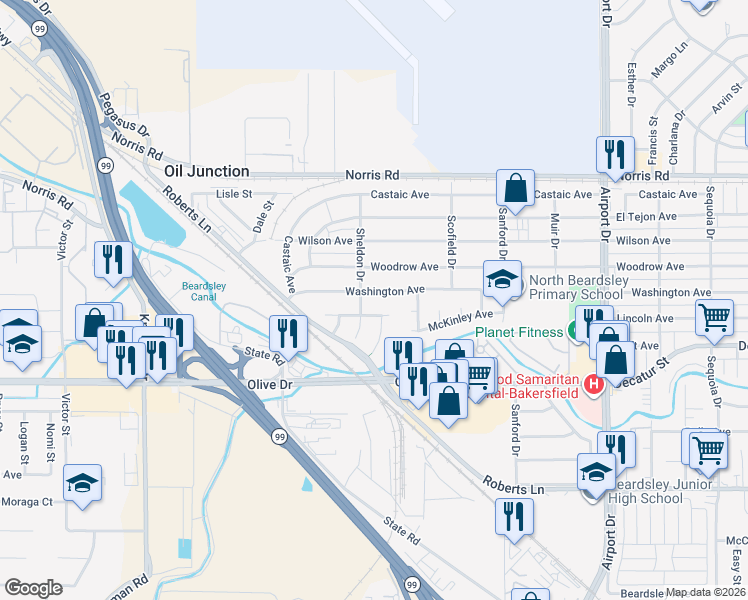 map of restaurants, bars, coffee shops, grocery stores, and more near 1238 Arthur Avenue in Bakersfield