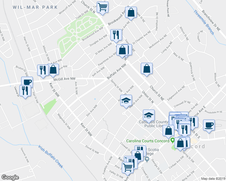 map of restaurants, bars, coffee shops, grocery stores, and more near 247 Spring Street Northwest in Concord