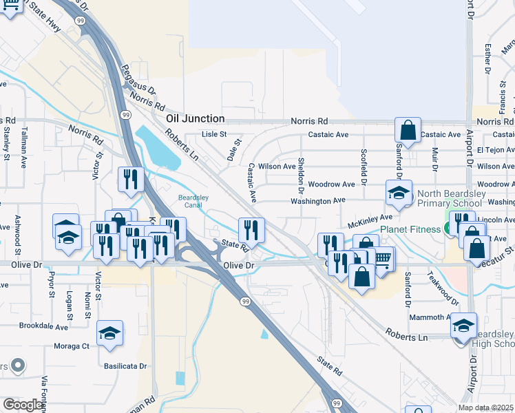 map of restaurants, bars, coffee shops, grocery stores, and more near 1650 Roberts Lane in Bakersfield