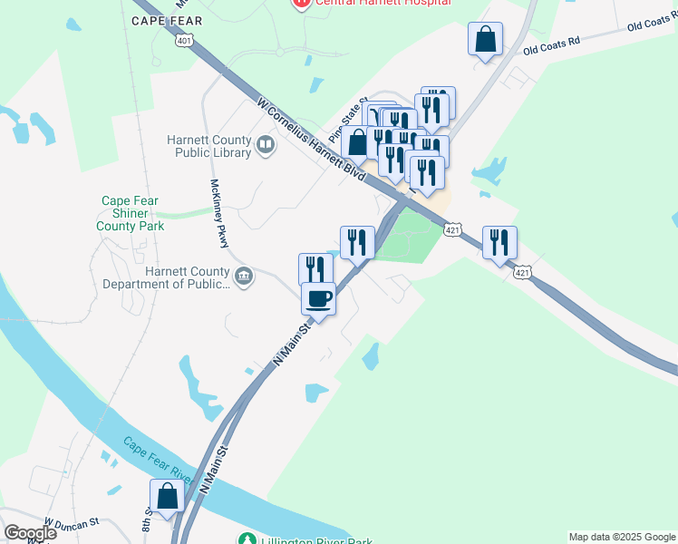 map of restaurants, bars, coffee shops, grocery stores, and more near 1231 North Main Street in Lillington