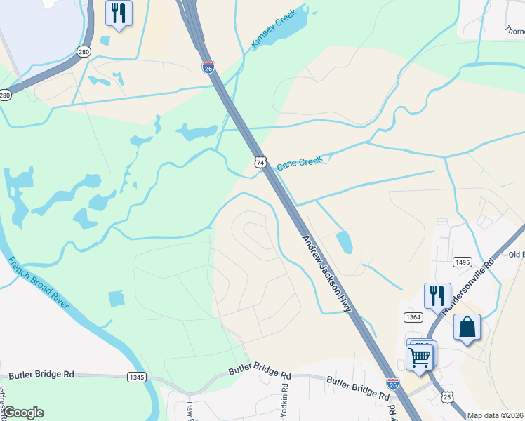 map of restaurants, bars, coffee shops, grocery stores, and more near Interstate 26 in Fletcher