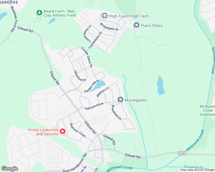 map of restaurants, bars, coffee shops, grocery stores, and more near 6346 Myston Lane in Huntersville