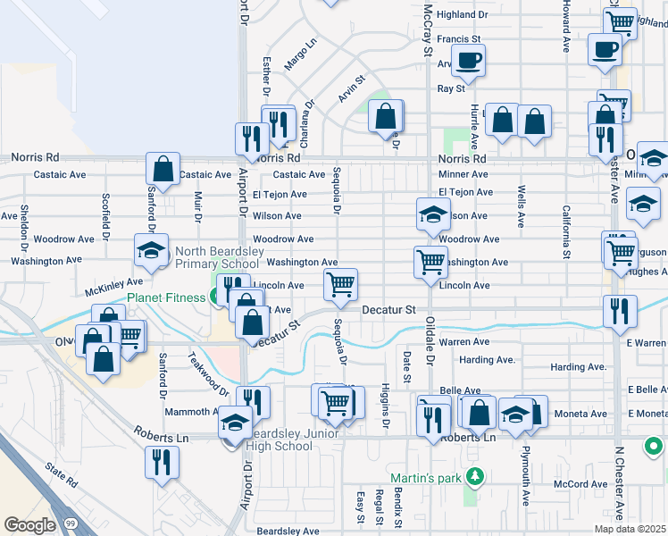 map of restaurants, bars, coffee shops, grocery stores, and more near 701 1/2 Washington Avenue in Bakersfield
