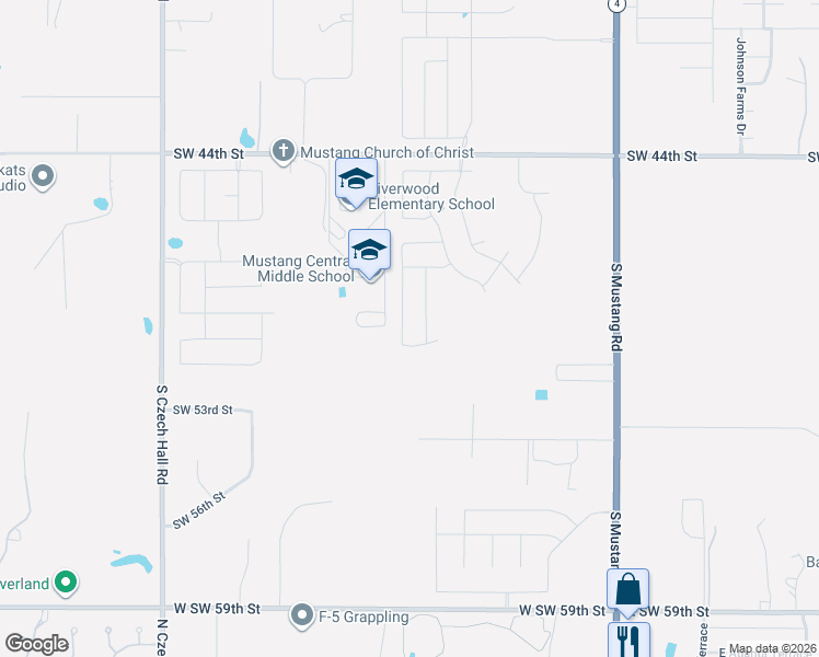 map of restaurants, bars, coffee shops, grocery stores, and more near 11749 Southwest 54th Street in Mustang