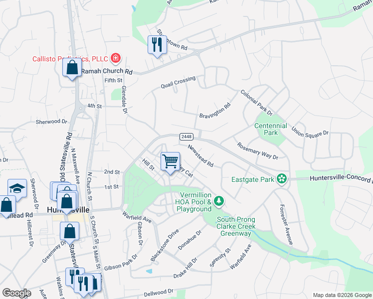 map of restaurants, bars, coffee shops, grocery stores, and more near 12606 Newstead Road in Huntersville