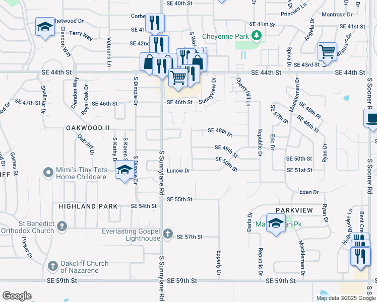 map of restaurants, bars, coffee shops, grocery stores, and more near 5001 Beacon Hill Road in Oklahoma City