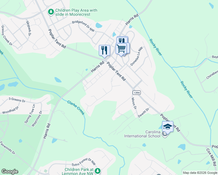 map of restaurants, bars, coffee shops, grocery stores, and more near 168 Northchase Drive in Concord