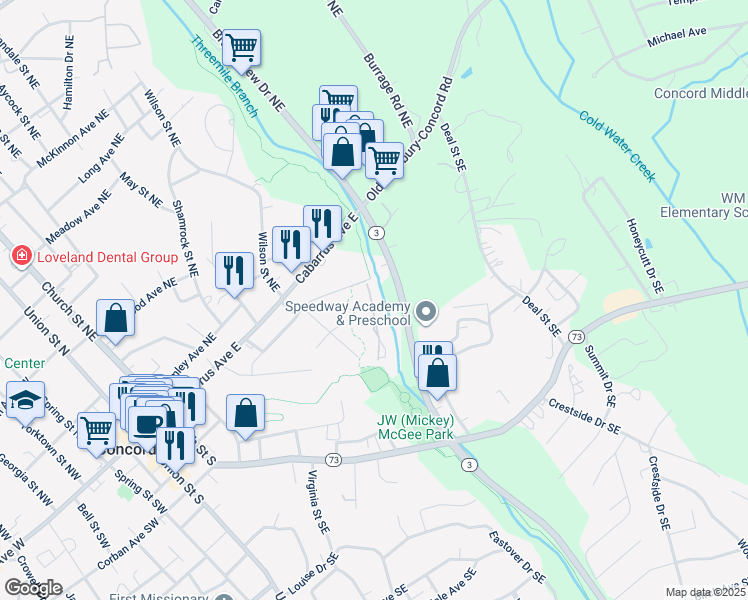 map of restaurants, bars, coffee shops, grocery stores, and more near 315 Valley Brook Lane Southeast in Concord