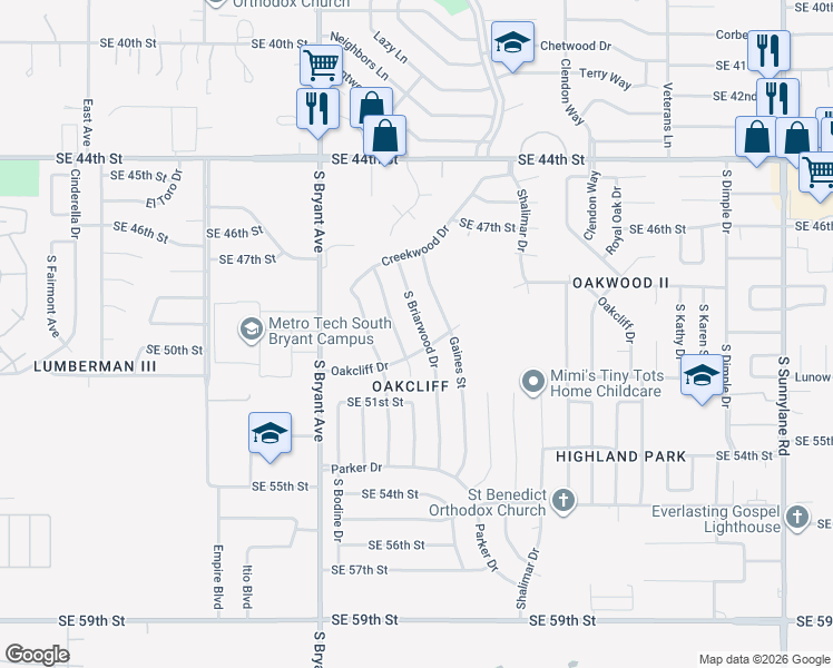 map of restaurants, bars, coffee shops, grocery stores, and more near 510 Oakcliff Drive in Oklahoma City