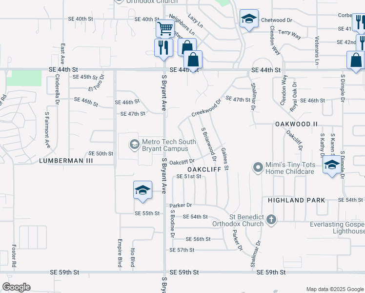 map of restaurants, bars, coffee shops, grocery stores, and more near 5005 Creekwood Terrace in Oklahoma City