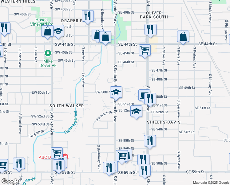 map of restaurants, bars, coffee shops, grocery stores, and more near 8513 Southwest 50th Street in Oklahoma City