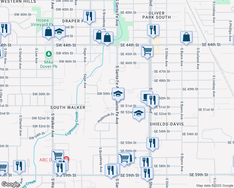 map of restaurants, bars, coffee shops, grocery stores, and more near 8521 Southwest 50th Street in Oklahoma City